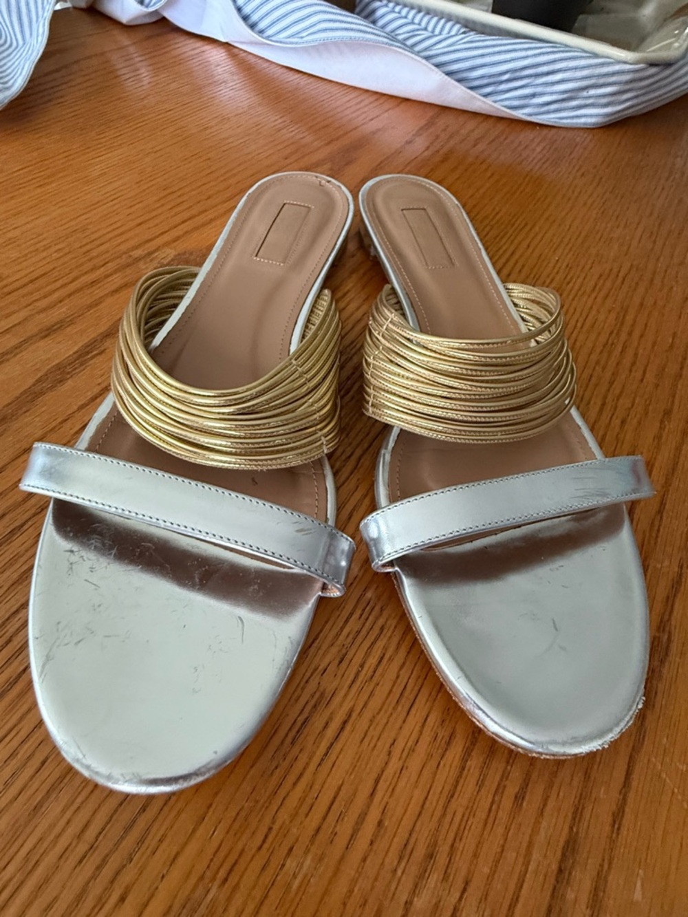 Aquazzura Metallic Silver and Gold Coil Slide Sandals